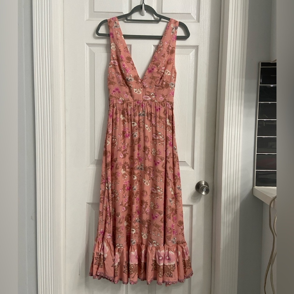 Indikah Midi Floral Pink Sleeveless Dress Size XS Prairie Girly Ruffled